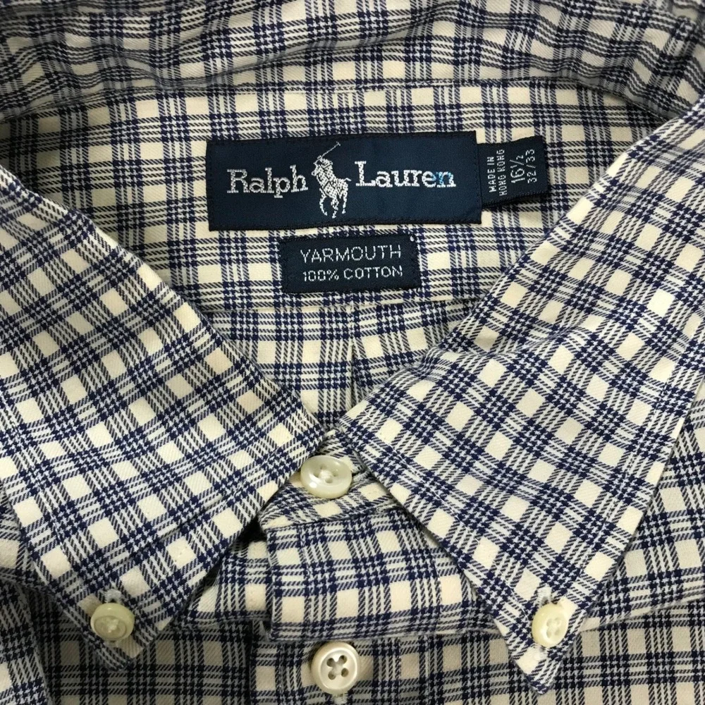 Polo Ralph Lauren Yarmouth Mens 16.5 32/33 Blue White Plaid Cotton Dress Shirt